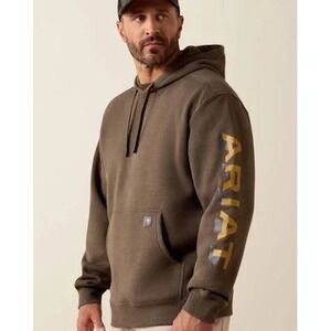 Ariat Rebar Mens XXL Brown Heather Lightweight Logo Hood Workwear Hoodie #23